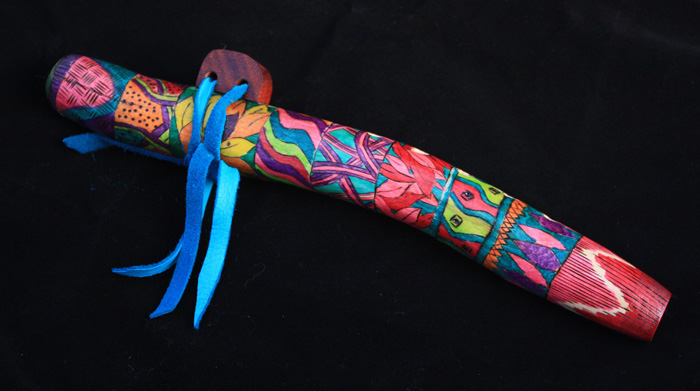 The latest dogwood branch flute with pyrography & color.